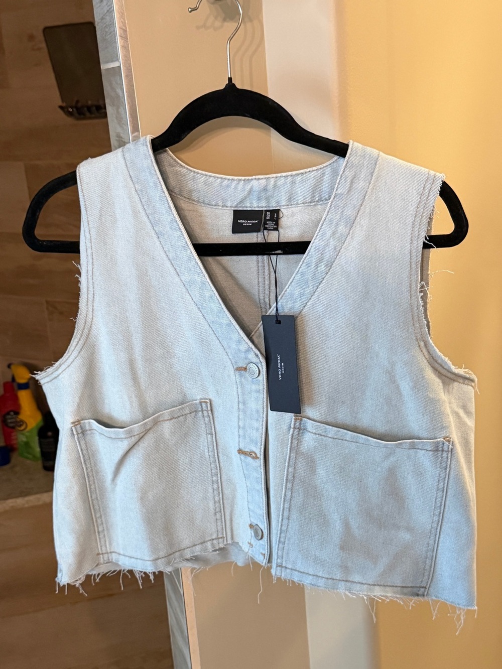 Vero Moda Light Blue Denim Vest with Black Trim